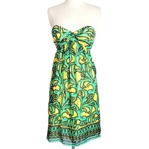 Milly Green & Yellow‎ Paisley Italian Silk Chiffon Strapless Dress- Size 2